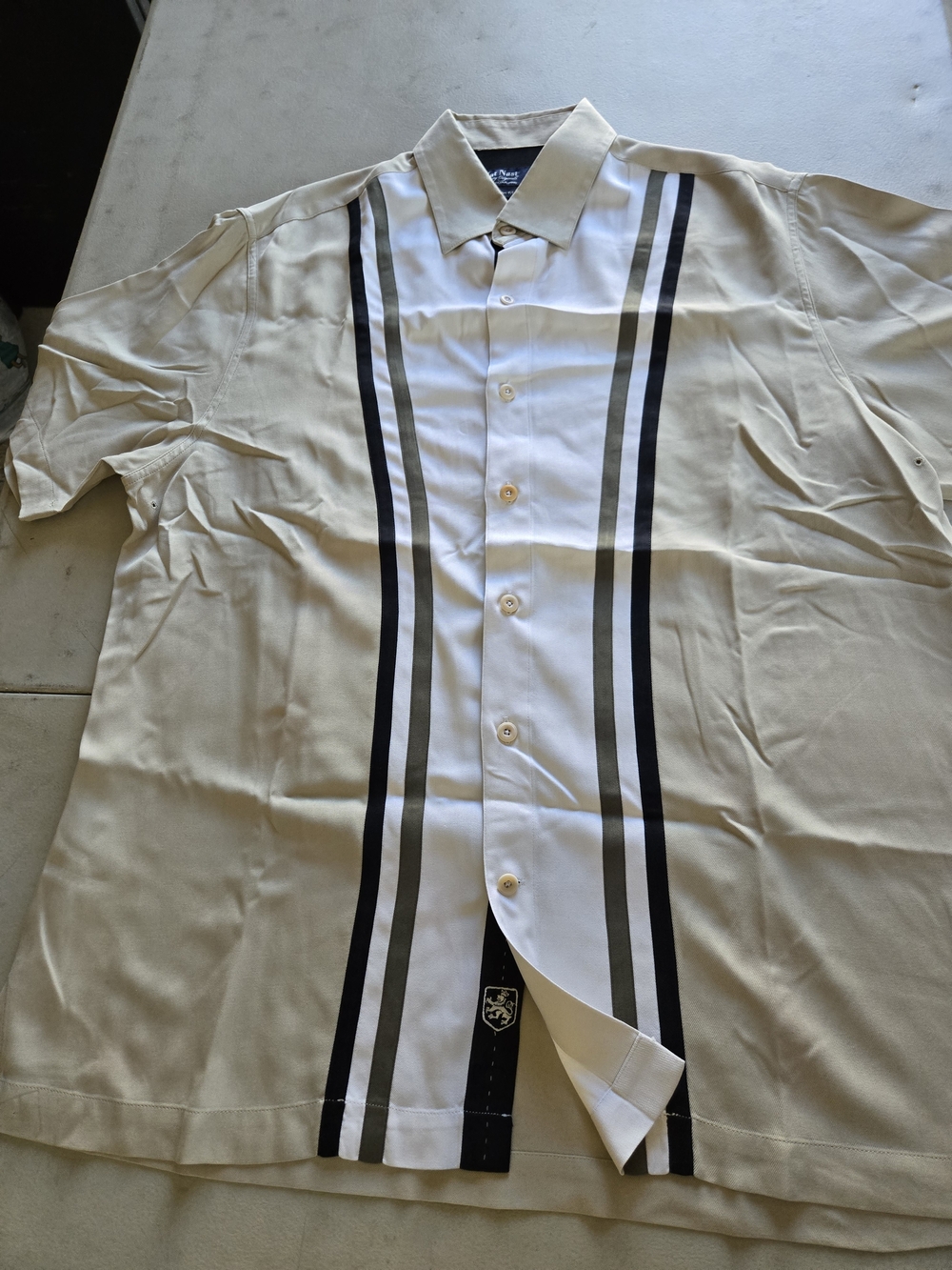 Nat Nast Cream Short Sleeve Button-Down with Black and Gray Stripes
